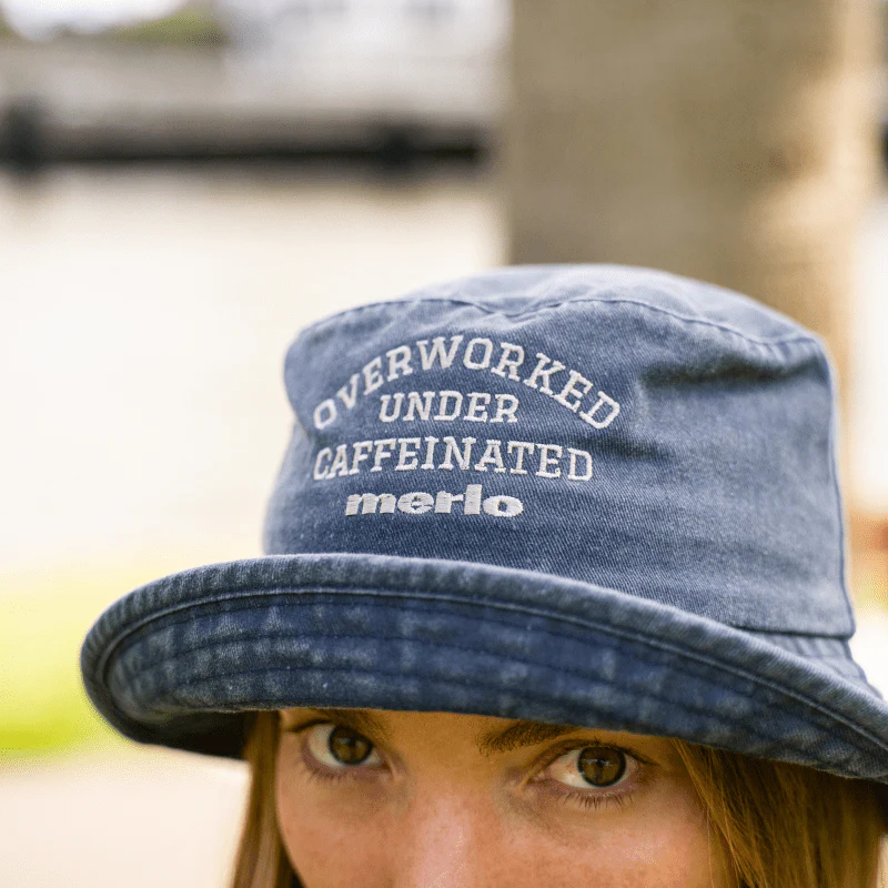 'Overworked Under Caffeinated' Washed Navy Denim Bucket Hat - Image 3